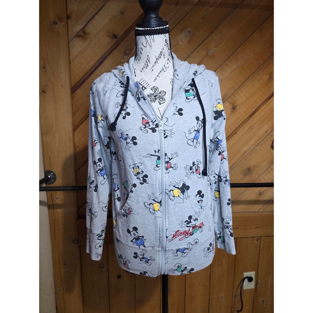 Disney Mickey Mouse Zip Up Hoodie Heather Gray All Over Print‎ Womens Small